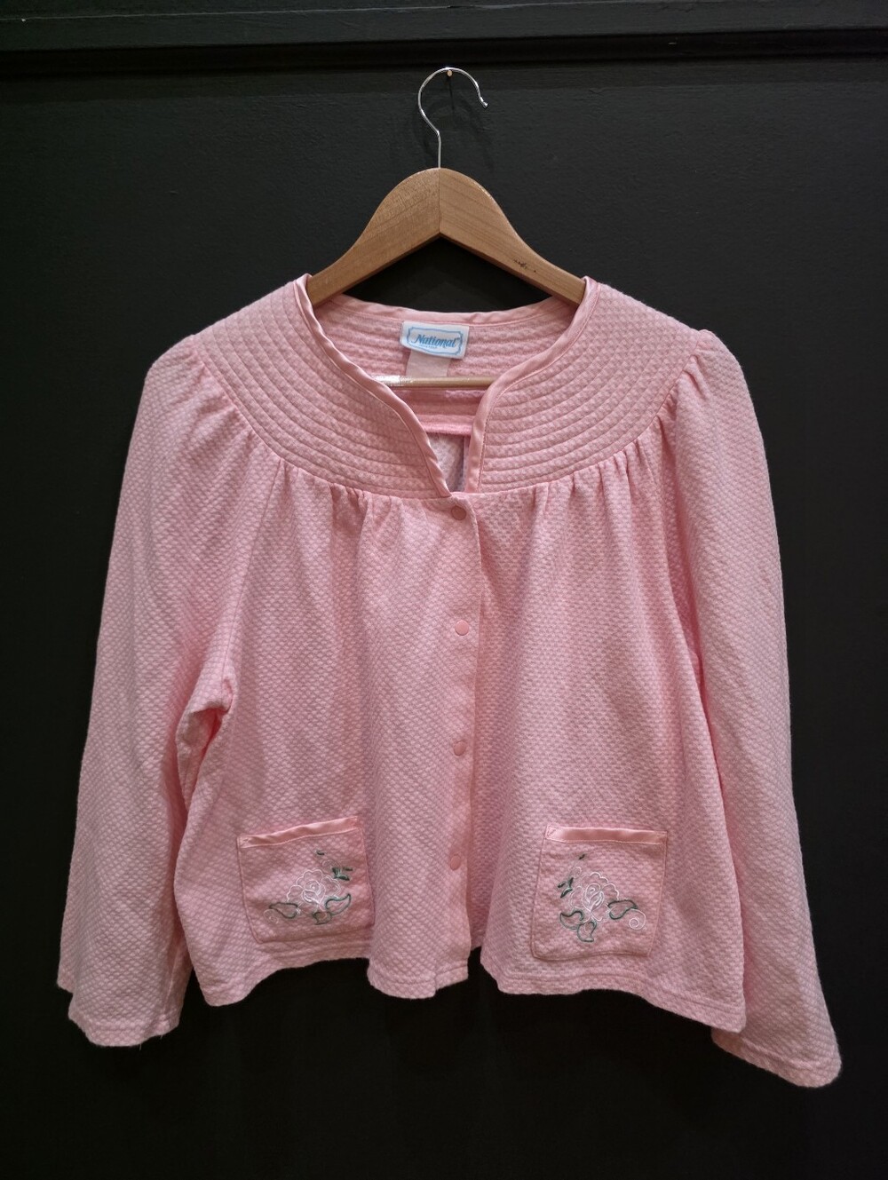 Vintage National Pink White Trapunto Waffle Knit Bed Jacket Pajama Top Floral